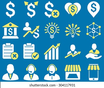Trade business and bank service icon set. These flat bicolor icons use yellow and white colors. Images are isolated on a blue background. Angles are rounded.