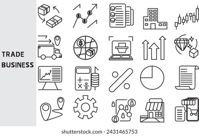 Trade ,Buy, sell, and exchange goods and money on a local and international level. ,Set of line icons for business ,Outline symbol collection.,Vector illustration. Editable stroke