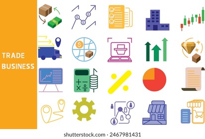 Trade ,Buy, sell, and exchange goods and money on a local and international level. ,Set of icons for business ,symbol collection.,Vector illustration.