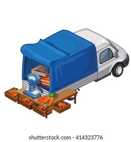Trade carrots from the car isolated on white background. Tent on the marketplace. Vector cartoon close-up illustration.