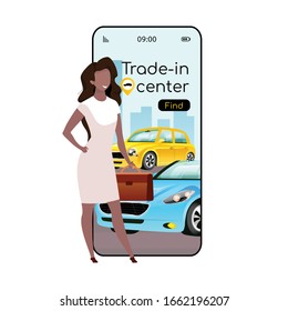 Trade in center cartoon smartphone vector app screen. Mobile phone display with flat character design mockup. Auto dealership. Car exchange service, auto marketplace application telephone interface