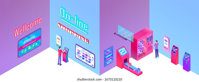 Handelszentrum, Einkaufszentrum, Selbstbestellungskiosk, Cupcakes-Maschine, rosa und türkisometrisches Design