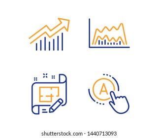 Trade chart, Demand curve and Architect plan icons simple set. Ab testing sign. Market data, Statistical report, Engineering plan. A test. Science set. Linear trade chart icon. Colorful design set