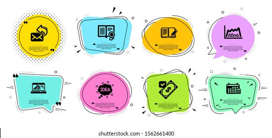 Trade chart, Idea and Share mail line icons set. Chat bubbles with quotes. Diploma, Accepted payment and Calendar signs. Feedback, Graph laptop symbols. Market data, Creative message. Vector