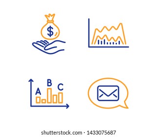 Trade chart, Income money and Survey results icons simple set. Messenger sign. Market data, Savings, Best answer. New message. Education set. Linear trade chart icon. Colorful design set. Vector