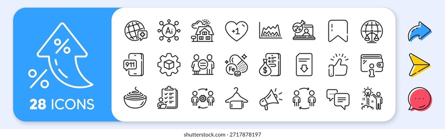 Handelskarte, Geldbörse und kreative Ideenlinien-Symbole. Zinssatz, KI generieren, Inflationssymbole. Paket von Download-Datei, Dots Nachricht, Magistrates Gericht Symbol. Piktogramm "Eisen, Geld, Arbeitsablauf" Vektorgrafik
