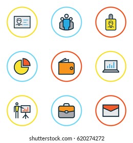 Trade Colorful Outline Icons Set. Collection Of Report Demonstration, Team, Identification Document And Other Elements. Also Includes Symbols Such As Portfolio, Statistics, Envelope.