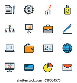 Trade Colorful Outline Icons Set. Collection Of Agreement, Bank Cash, Computer Analytics And Other Elements. Also Includes Symbols Such As Hierarchy, Pen, Chart.