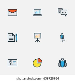 Trade Colorful Outline Icons Set. Collection Of Message, Conversation, Circle Stats And Other Elements. Also Includes Symbols Such As Envelope, Conversation, Computer.
