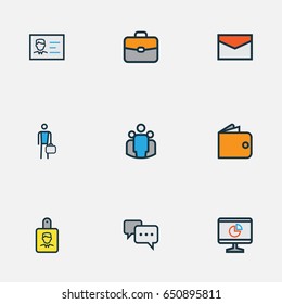 Trade Colorful Outline Icons Set. Collection Of Message, Worker, Portfolio And Other Elements. Also Includes Symbols Such As Badge, Document, Unity.