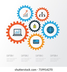 Trade Colorful Outline Icons Set. Collection Of Financial Profit, Computer Analytics, World And Other Elements. Also Includes Symbols Such As Global, Chart, Bank.