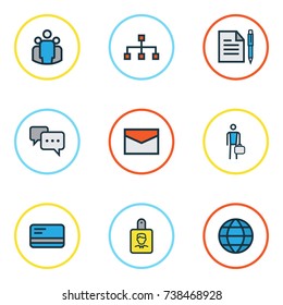 Trade Colorful Outline Icons Set. Collection Of Conversation, Identification Document, World And Other Elements. Also Includes Symbols Such As Hierarchy, Bank, Businessman.