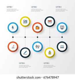 Trade Colorful Outline Journey Icons Set. Collection Of Computer Analytics, Report Demonstration, Purse And Other Customer Journey Icons. Also Includes Symbols Such As Envelope, Wallet, Contract.