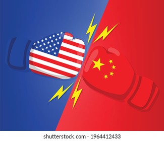 Trade competition between China and the USA. flag usa and china on two hand with boxing fighting. vector illustration in flat style modern design.