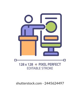 Trade conference pixel perfect RGB color icon. Business event, promo stand. Financial symposium, trade show. Isolated vector illustration. Simple filled line drawing. Editable stroke