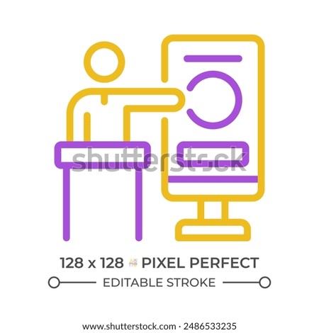 Trade conference pixel perfect two color line icon. Business event, promo stand. Financial symposium bicolor outline symbol. Duotone linear pictogram. Isolated illustration. Editable stroke