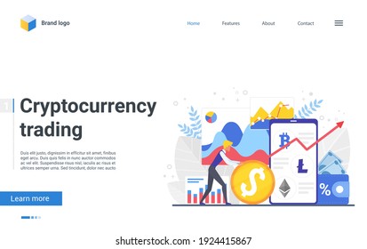 Trade crypto currency vector illustration. Cartoon financial analysts people trading in digital money market, trader consulting, advising on buying or selling cryptocurrency, analytics landing page