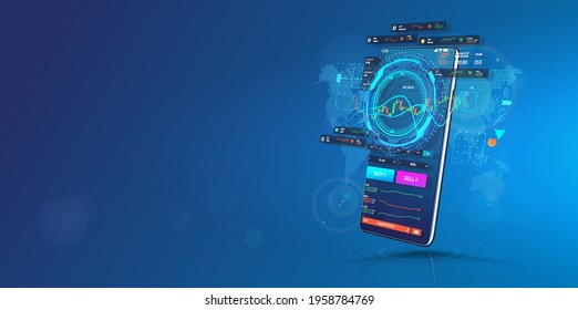 Trade Cryptocurrency in Smartphone Application. Template web banner. Trading platform for Cellphone. Crypto market, data analytics and Trends and financial strategy. Cryptocurrency trade app. Vecto