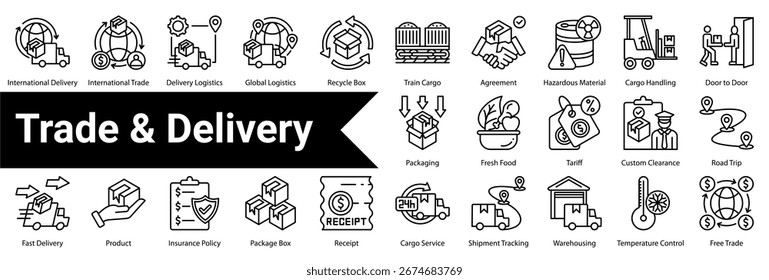 Trade and Delivery Icon Collection and Set Containing: International Delivery,International Trade,Delivery Logistics,Global Logistics,Recycle Box,Train Cargo,Agreement,Hazardous Material