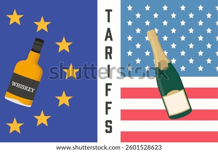 Trade dispute between the EU and the USA, showcasing tariffs imposed on whiskey and champagne. Vector illustration.