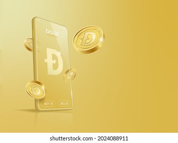 Trade Dogecoin (DOGE) on mobile through the system Cryptocurrency. Perspective Illustration about Crypto Coins.