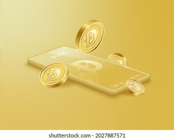 Trade Dogecoin (DOGE) on mobile through the system Cryptocurrency. Perspective Illustration about Crypto Coins. svg