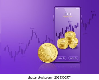 Etéreo comercial (ETH) en el móvil a través del sistema Cryptocurrency. Ilustración de perspectiva sobre las monedas criptográficas.