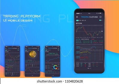 Trade exchange app on phone screen. Mobile banking cryptocurrency ui. Online stock trading interface vector eps 10. Illustration of mobile banking crypto currency, bitcoin and dollar 