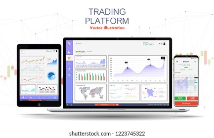 Trade exchange app on phone screen,laptop and tablet. Trading platform web site template. Binary Option. Mobile banking cryptocurrency ui. Online stock trading interface vector. Dashboard UI/UX app