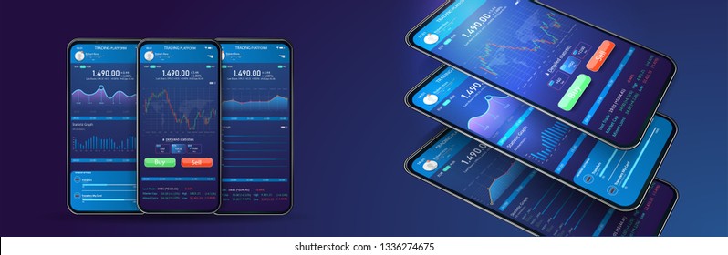 Trade exchange app on phone screen. Mobile banking cryptocurrency UI UX. Online stock trading interface. Pie charts, workflow, web design. vector