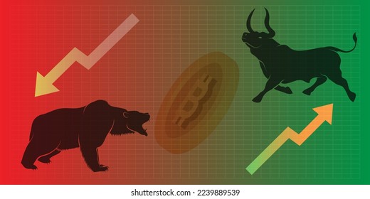 Trade exchange, green up or red down arrows graph.Bull or Bear market trend in crypto currency or stocks. Trade exchange background up  down arrow graphs. Bullish  bearish Cryptocurrency.Trade