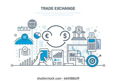 Trade exchange, trading, protection of trades, growth of finance, economic indicators, interaction with clients, transaction. Illustration thin line design of vector doodles, infographics elements.
