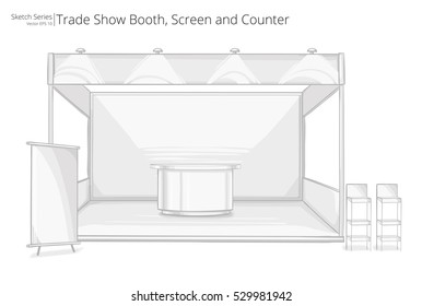 Trade Exhibition Booth. Illustration Sketch of Trade Exhibition Show Booth. Screen and Counter.