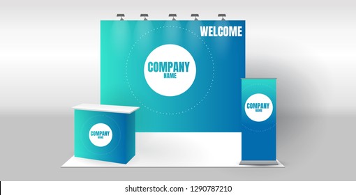 Trade Exhibition Creative Booth Stand Design For Presentation In Perspective Corporate Identity Vector Template With Table Monitor Backdrop And Counter Isolated On Background Mock Up