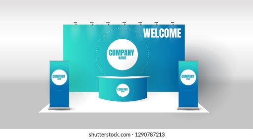 Trade Exhibition Creative Booth Stand Design For Presentation In Perspective Corporate Identity Vector Template With Table Monitor Backdrop Spotlights And Counter On Background Mock Up Template