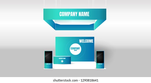 Trade Exhibition Creative Booth Stand Design For Presentation In Perspective Corporate Identity Vector Template With Table Monitor Backdrop And Counter Isolated On Background Mock Up