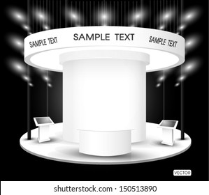 Trade Exhibition Creative Booth Stand Design For Presentation In Perspective Corporate Identity Vector Template With Table Monitor Backdrop And Counter Isolated On Background 