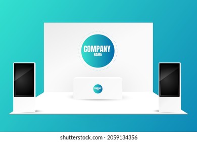 Trade Exhibition Creative Booth Stand Design For Presentation In Perspective Corporate Identity Vector Template With Table Monitor Backdrop And Counter Isolated On Background