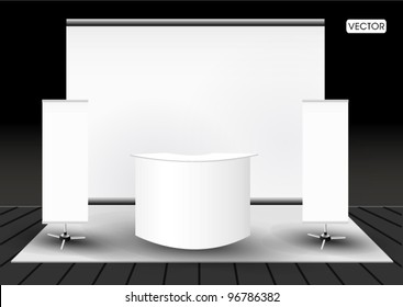 Trade Exhibition Creative Booth Stand Design For Display Or Presentation In Perspective Corporate Identity Vector Template With Backdrop Roll Up And Table Isolated On Background 