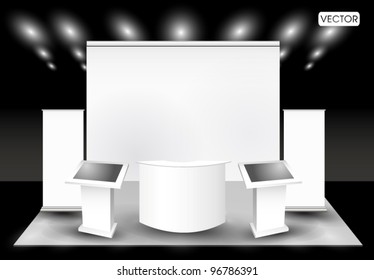 Trade Exhibition Creative Booth Stand Design For Presentation In Perspective Corporate Identity Vector Template With Table Led Monitor Backdrop And Counter Isolated On Background 