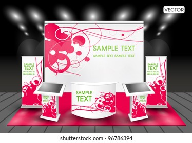 Trade Exhibition Creative Booth Stand Design For Display Or Presentation In Perspective Corporate Identity Vector Template With Backdrop Roll Up Monitor And Table Isolated On Background 