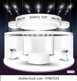 Trade Exhibition Creative Booth Stand Design For Presentation In Perspective Corporate Identity Vector Template With Table Monitor Backdrop And Counter Isolated On Background 