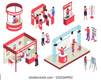 Trade Exhibition Isometric Set With Staff And Visitors Exposition Equipment And Promotional Handouts Isolated Vector Illustration