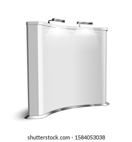 Trade Exhibition Stand With Lighting Lamps Vector. Curved Marketing And Advertising Blank Stand With Backlight, Commercial Construction For Advertisement And Info. Layout Realistic 3d Illustration