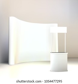Trade exhibition stand, Exhibition round with 3D rendering visualization of exhibition equipment. Advertising space on a white background, with space for text ads, vector
