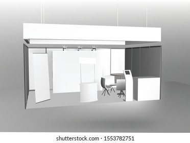Trade exhibition stand, Exhibition round, 3D rendering visualization of exhibition equipment, Advertising space on a white background, with space for text ads vector