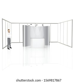 Trade exhibition stand, Exhibition round, 3D rendering visualization of exhibition equipment, Advertising space on a white background, with space for text ads, vector