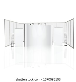 Trade exhibition stand, Exhibition round, 3D rendering visualization of exhibition equipment, Advertising space on a white background, with space for text ads, vector