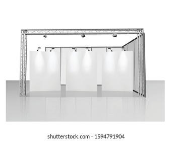 Trade exhibition stand, Exhibition round, 3D rendering visualization of exhibition equipment, Advertising space on a white background, with space for text ads, vector