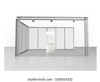 Trade exhibition stand, Exhibition round, 3D rendering visualization of exhibition equipment, Advertising space on a white background, with space for text ads, vector
